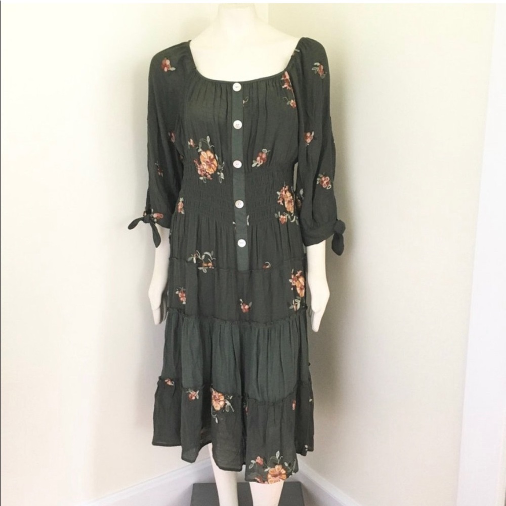 Dillards Figueroa & Flower Boho Embroidery Olive Fall Prairie Dress NWT sz XL